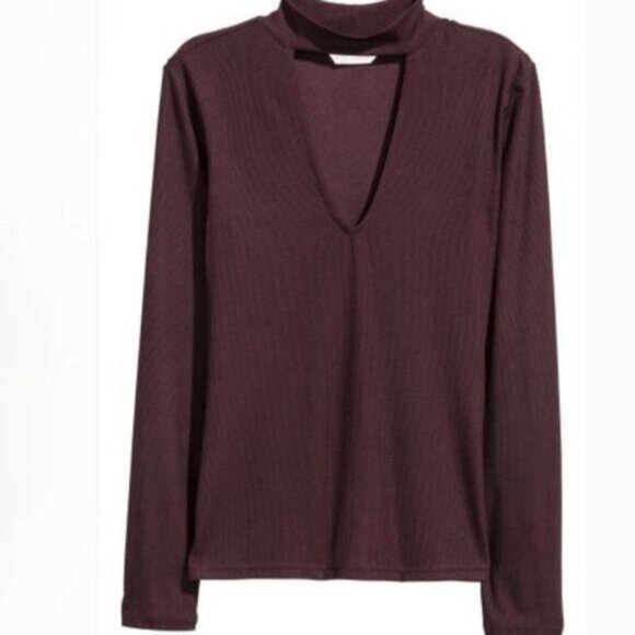 H&M Mock Neck Cut-out Fitted Long Sleeve Top Burgundy Sz XS - Picture 11 of 11